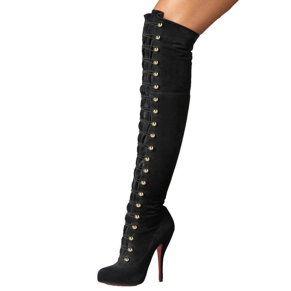 CHRISTIAN LOUBOUTIN 37/6.5 RonFifi Black Suede Over Knee Thigh High Platf Boots